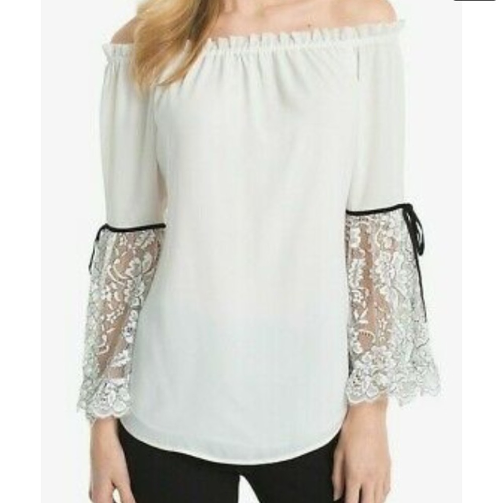 WHBM on/off shoulder lace bell-sleeve blouse NWOT